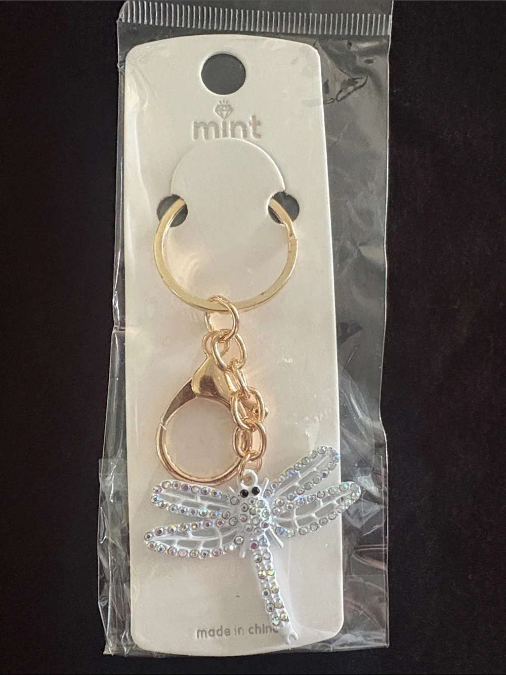 Mint Gold-Tone Dragonfly Keychain Bag Charm with Crystal Accents